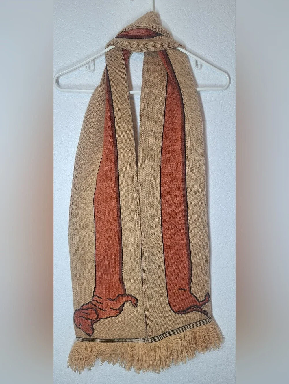 Cozy Novelty Dachshund Wiener Dog Knit Scarf Tan/Orange Fringe Long